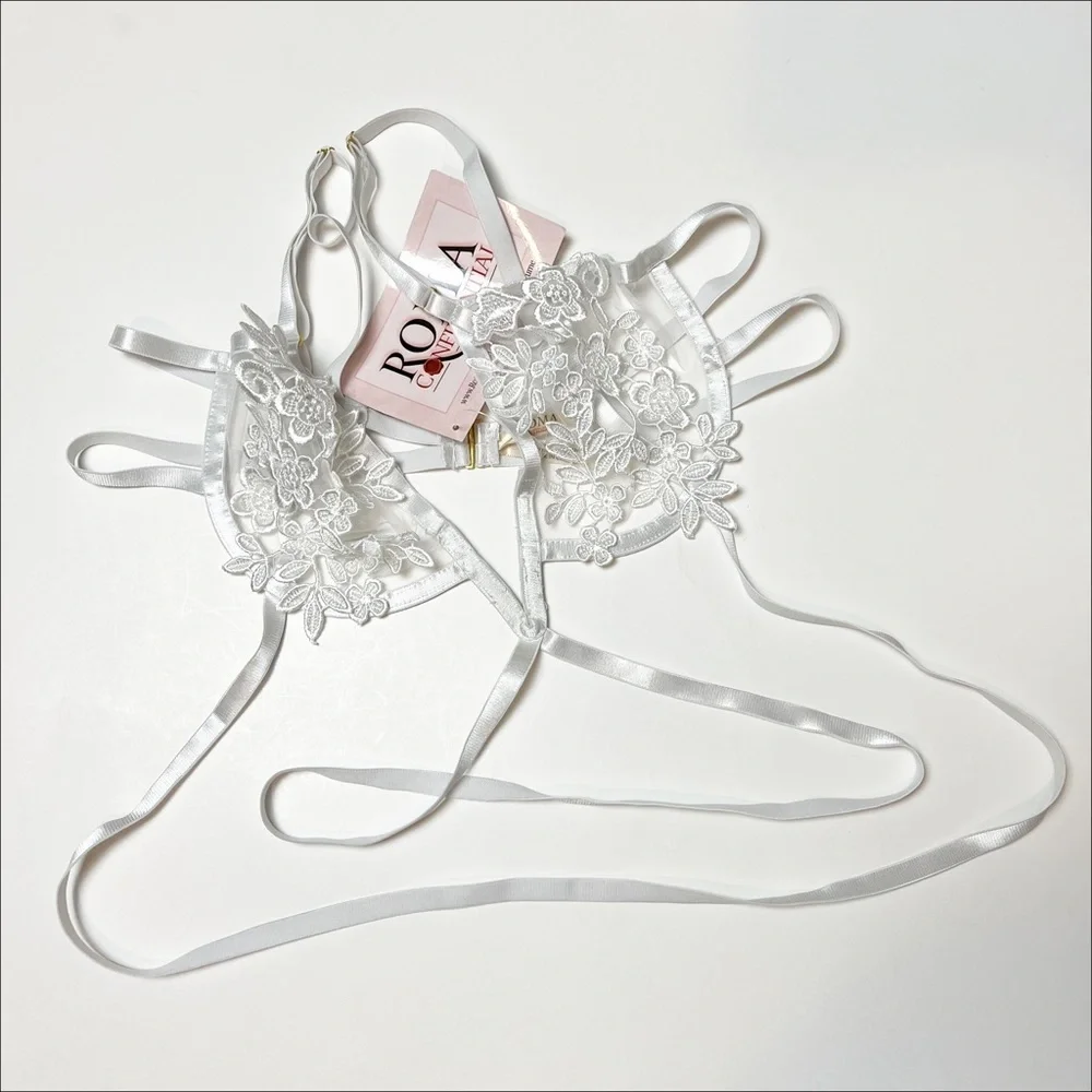 Sheer Floral Lace Strappy Bra & Panty Set - White